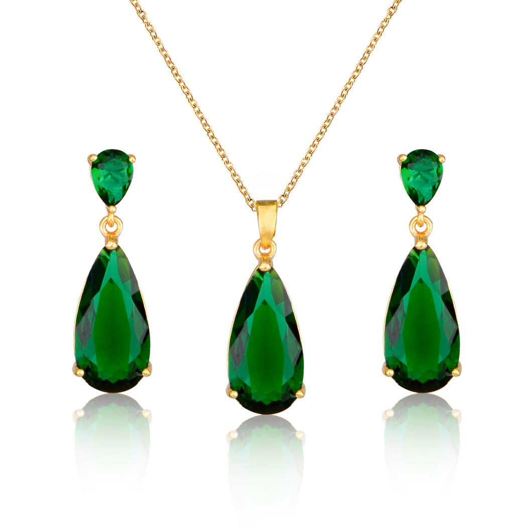 Emerald CZ Jewelry Set for Women - 18k Gold Plated Green Teardrop Cubic Zirconia Crystal Rhinestone Drop Earrings and Pendant Necklace Set for Mother of Bride Prom Party May Birthstone Fashion