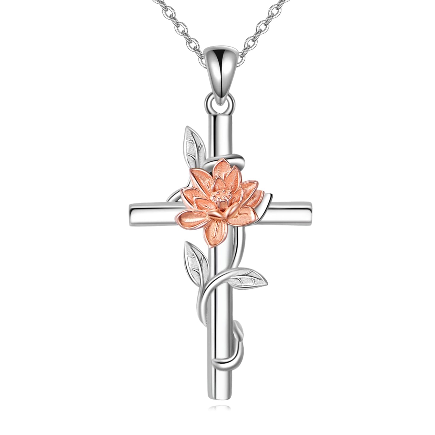 Lotus Flower Necklace 925 Sterling Silver Lotus Flower Cross Necklace Birth Flower Jewelry for Women (Lotus)