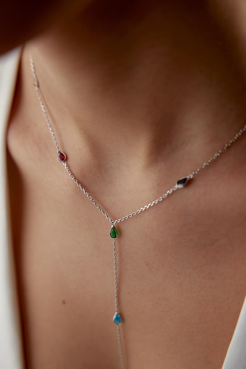 joy-d Colorful Gemstone Lariat Necklace for Women – Elegant Y Necklace with Teardrop Charms. Gold Plated Desginer Necklace - Gift for Her (Silver)