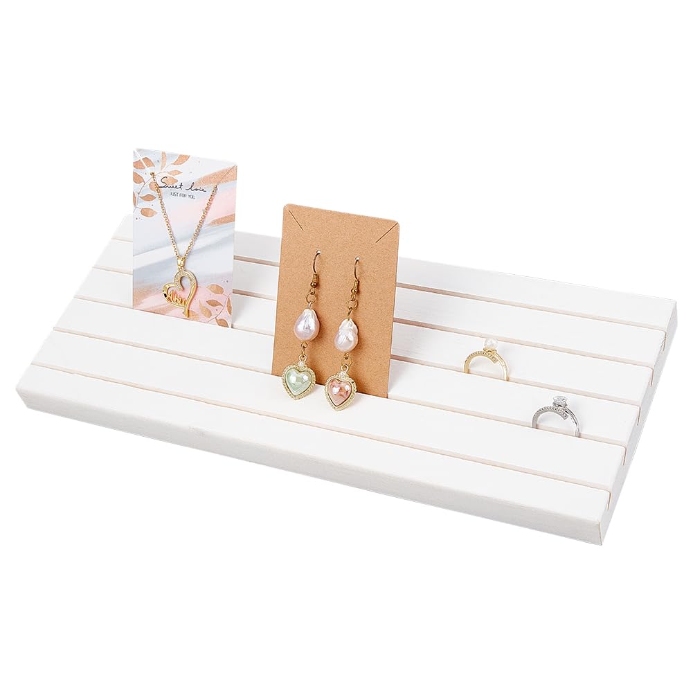 PH PandaHall 5 Slots Wooden Card Display Stand, White Jewelry Organizer Earring Card Holder Photo Table Displays for Earrings Bracelet Ring Jewelry Business Cards Selling Retail, 11.8x4.7 inch