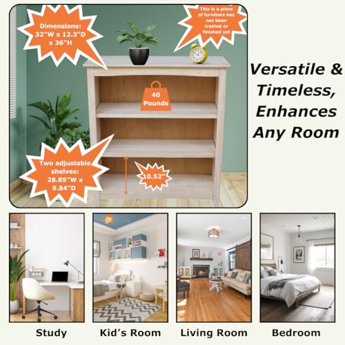 International Concepts Shaker Bookcase, 36-Inch High, Solid Parawood, Unfinished