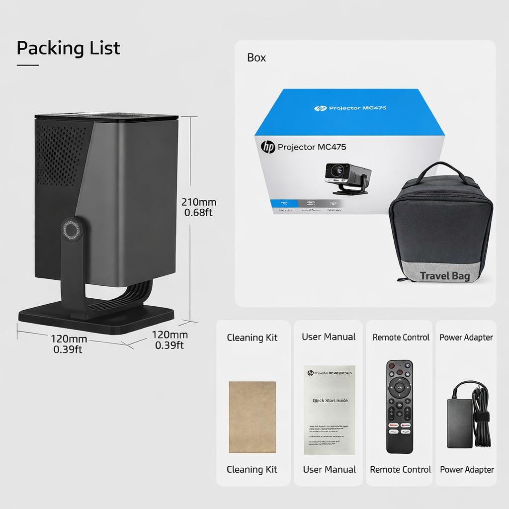HP MC475 Official Licensed App Native 1080P Full HD Smart Mini Projector with WiFi & Bluetooth, Portable Projector for Outdoor & Bedroom, Short Throw, Auto Focus, Built-in Speaker, USB-C
