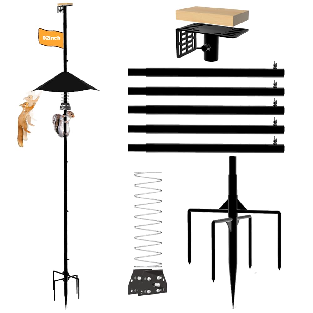 Smart Bird Feeder Pole with Metal Squirrel Baffle,92Inches Bird House Poles for Outdoors,1-Inch Dia Heavy-Duty Pole for Bird Feeder,Squirrel Proof Baffle with Stainless Steel Spring for Defense.