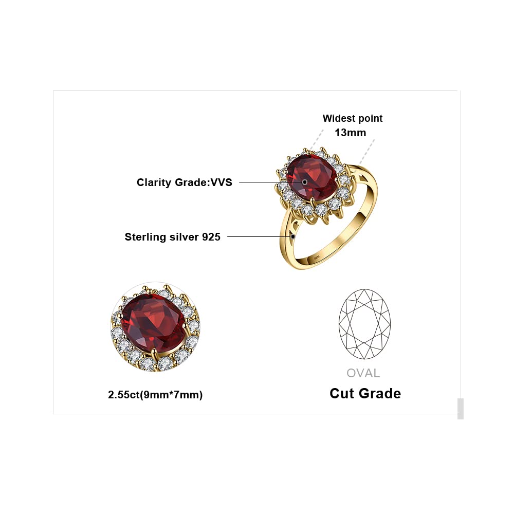 JewelryPalace Princess Diana Kate Middleton Gemstone Birthstone Genuine Red Garnet Halo Statement Engagement Rings for Women, 14K Yellow Gold Plated 925 Sterling Silver Promise Rings for Her Size 10.5