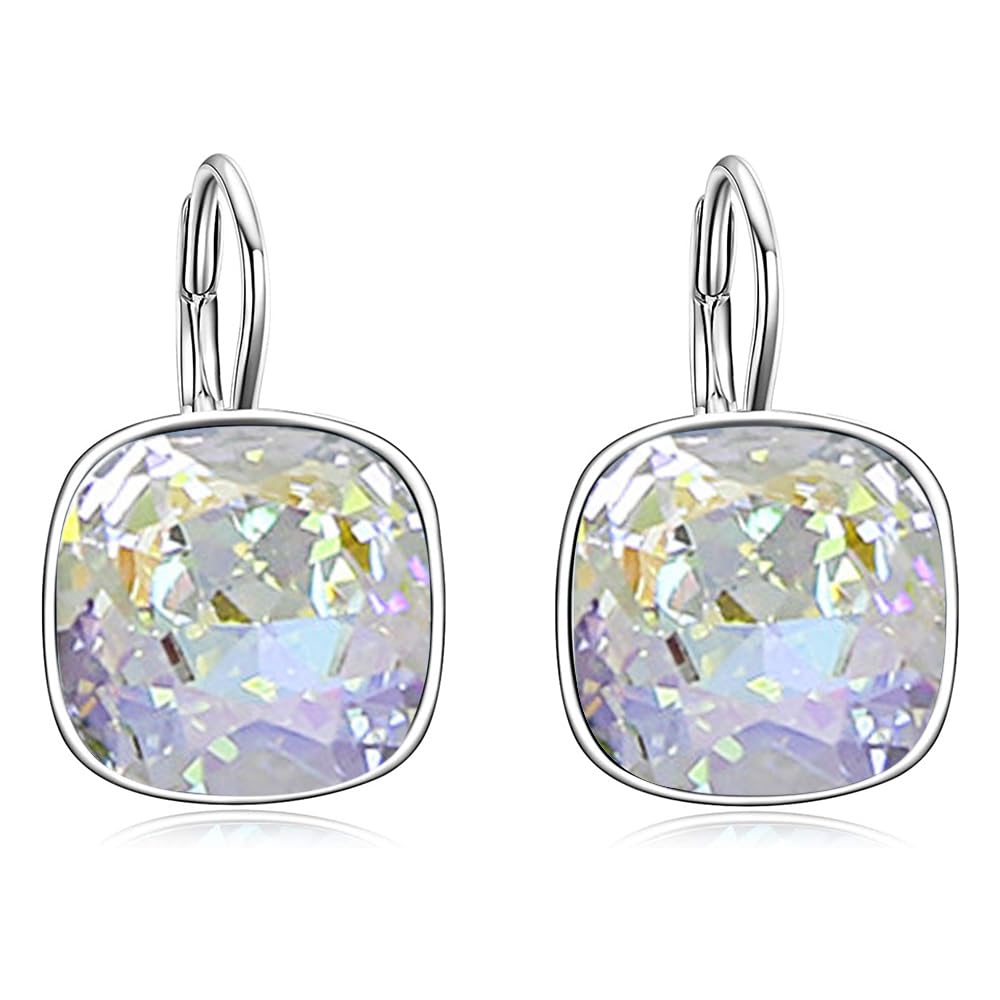 AOBOCO Sterling Silver Leverback Earrings Embellished with Crystals from Austria, Hypoallergenic Cushion Cut Square Crystal Earrings, Fine Anniversary Birthday Jewelry Gifts for Women (Fantasy White-10mm)