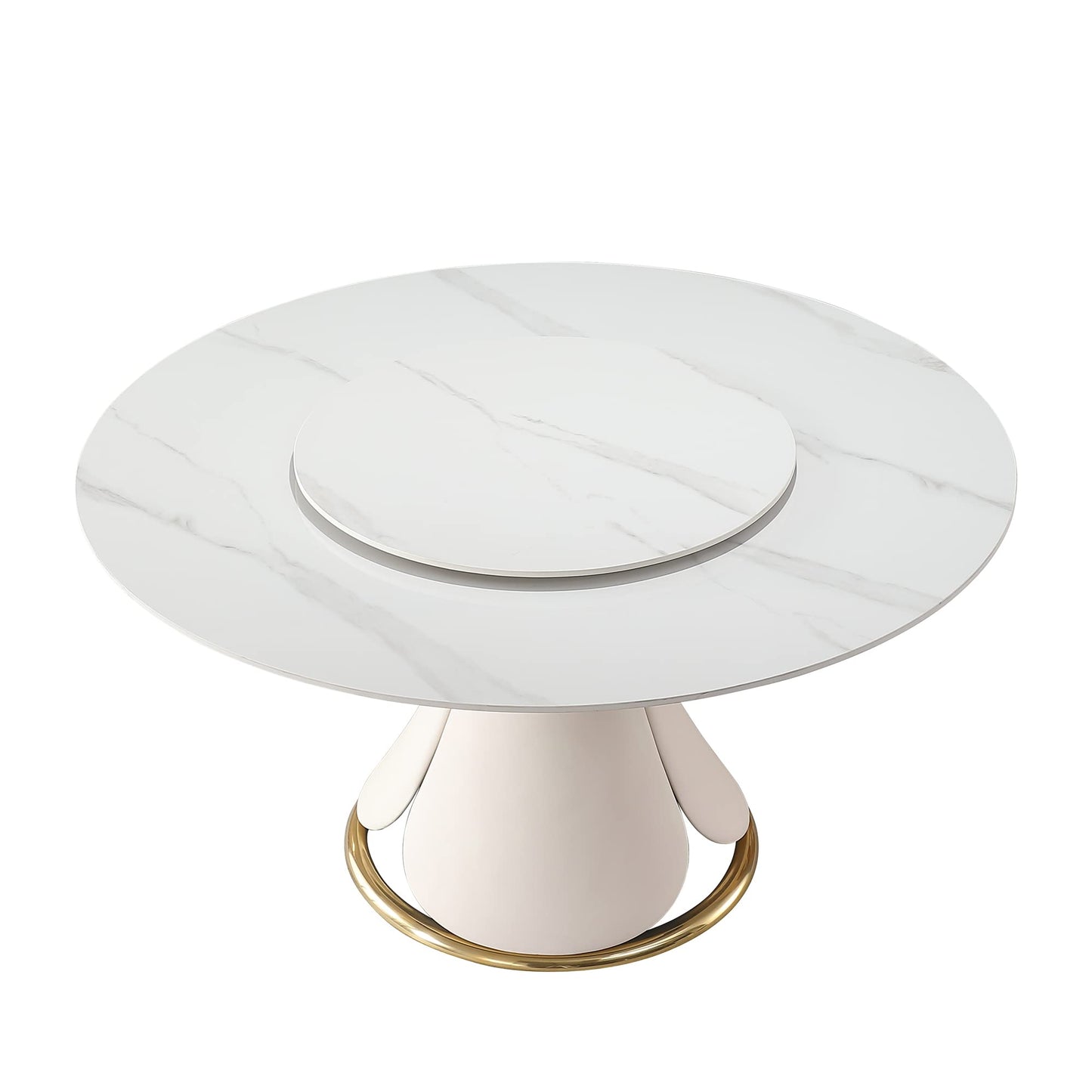Montary 7 Piece Dining Table Set, Modern Dining Table Set of 6, White 59" D Faux Marble Dining Room Table Sintered Stone Round Table with 6 Blue Dining Chairs