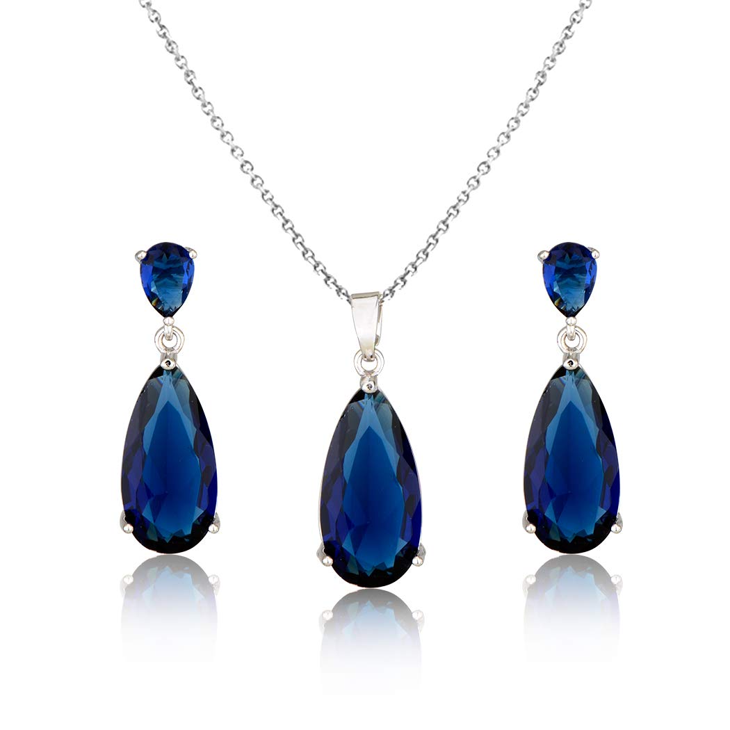 Mycitta Blue Sapphire Jewelry Set for Women - Sterling Silver Teardrop Cubic Zirconia Crystal CZ Necklace Earrings Set for Bride Bridesmaids Prom Party Formal Jewelry Set