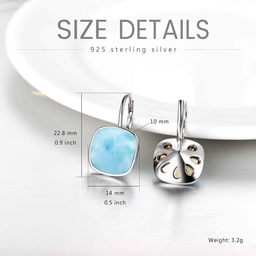 AOBOCO Sterling Silver Leverback Earrings Embellished with Crystals from Austria, Hypoallergenic Cushion Cut Square Crystal Earrings, Fine Anniversary Birthday Jewelry Gifts for Women (larimar)