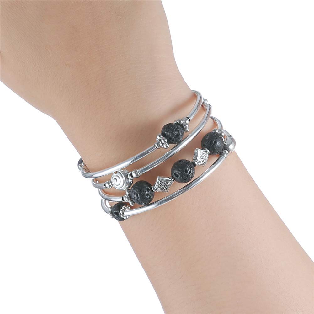 Beaded Pearl Bangle Wrap Bracelet - Fashion Bohemian Jewelry Multilayer Charm Bracelet with Thick Silver Metal Beads, Gift For Women(Lava Bracelet)