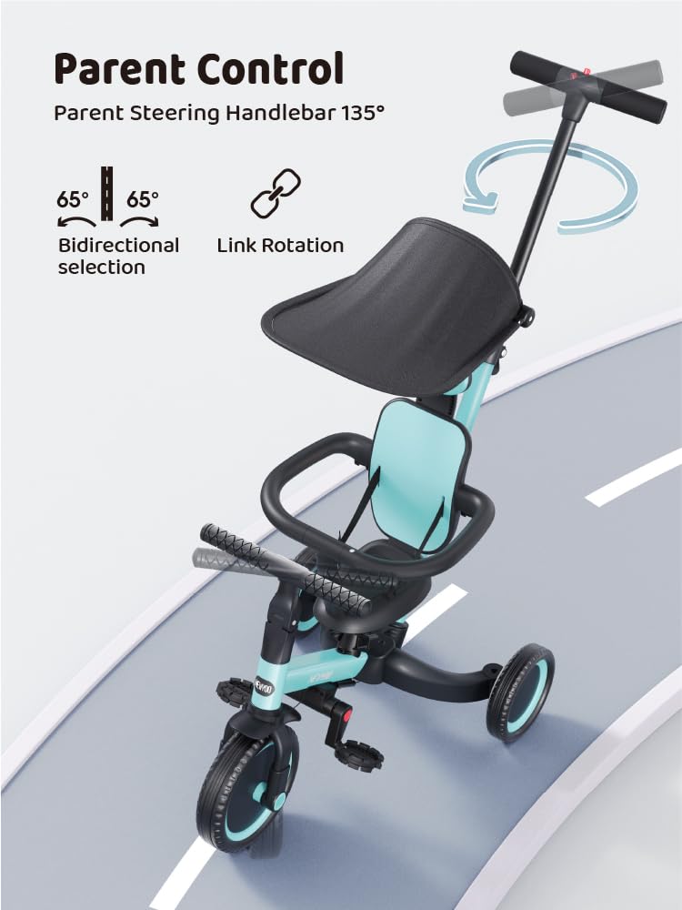 newyoo Tricycle for Toddlers 1-3, Toddler Bike, Birthday Gift and Toys for Girl and Boy, Push Trike with Handle and Canopy, 6 in 1 Baby Trike, Balance Bike, TR009, Blue
