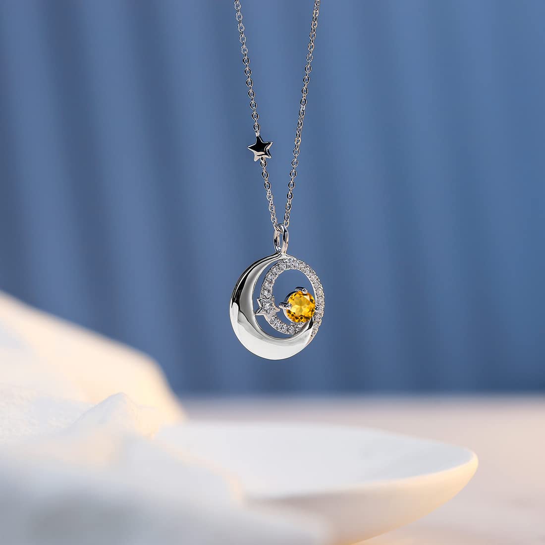 FANCIME Citrine November Birthstone Necklace Moon Star Pendant 925 Sterling Silver Yellow Topaz Fine Jewelry Gemstone Birthday Anniversary Graduation Mothers Day Gifts for Women Her Mom Wife
