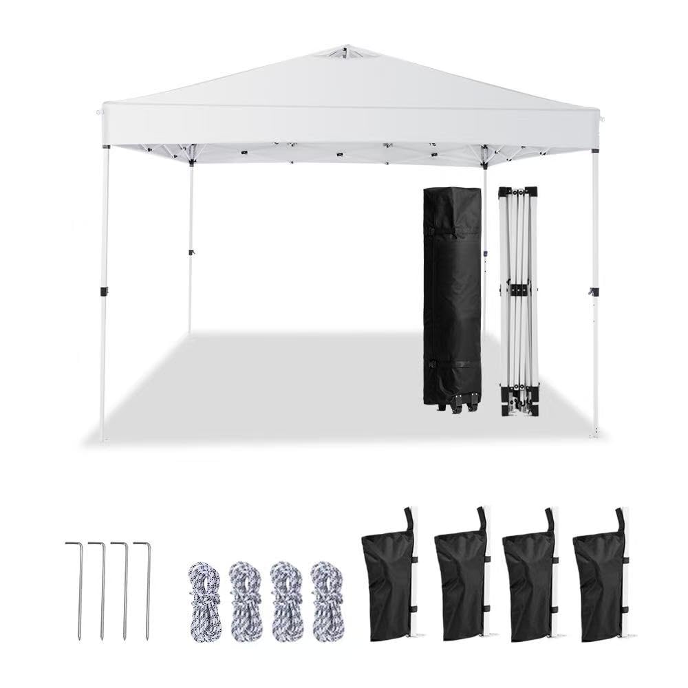 10x10 Pop Up Canopy Tent – One-Person Setup, Waterproof & UV-Blocking, Heavy-Duty Steel Frame, Wheeled Bag & Sandbags – Outdoor Shade for Beach, Camping, Backyard, Tailgate, Events (White)