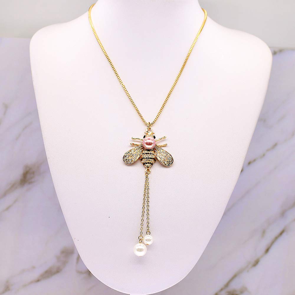 Honey Bee Necklace Crystal Insect Themed Bee Necklace Animal Fashion Shell Pearl Long Necklaces Gold Tone for Women Jewelry (light purple pearl necklace)