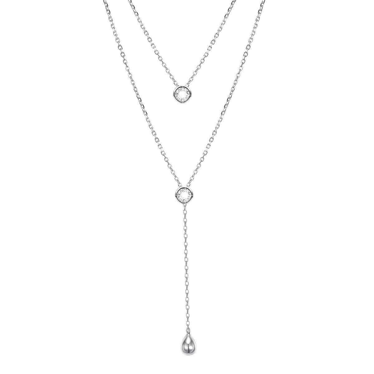 FLYOW Layered Necklace S925 Sterling Silver Teardrop Round CZ Double Choker Y Lariat Long Multilayer Necklace Birthday Present Mother Daughter Jewelry for Women Wife Fiancée