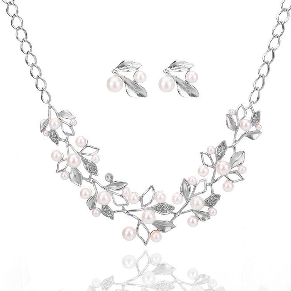 tenghong2021 Fashion Classic Faux Pearl Jewelry Set Necklace Bracelet Earrings for Women Best Gift (White leaf)