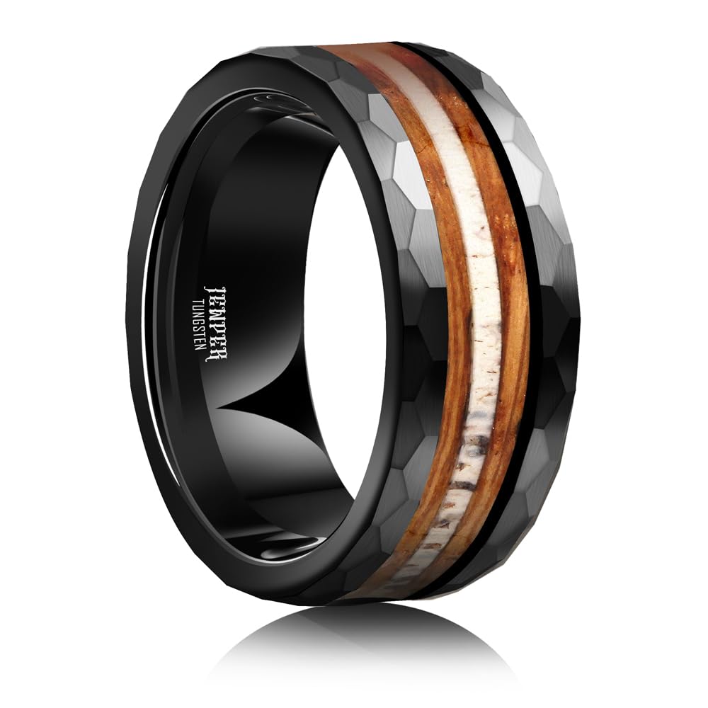 JEWPER 8mm Men Womens Wedding Band Tungsten Rings Black Hammer pattern Fashion Promise Carbide Inlaid Antlers Fire whiskey barrel wood Matte Finish Edge Comfort Fit Size(13)