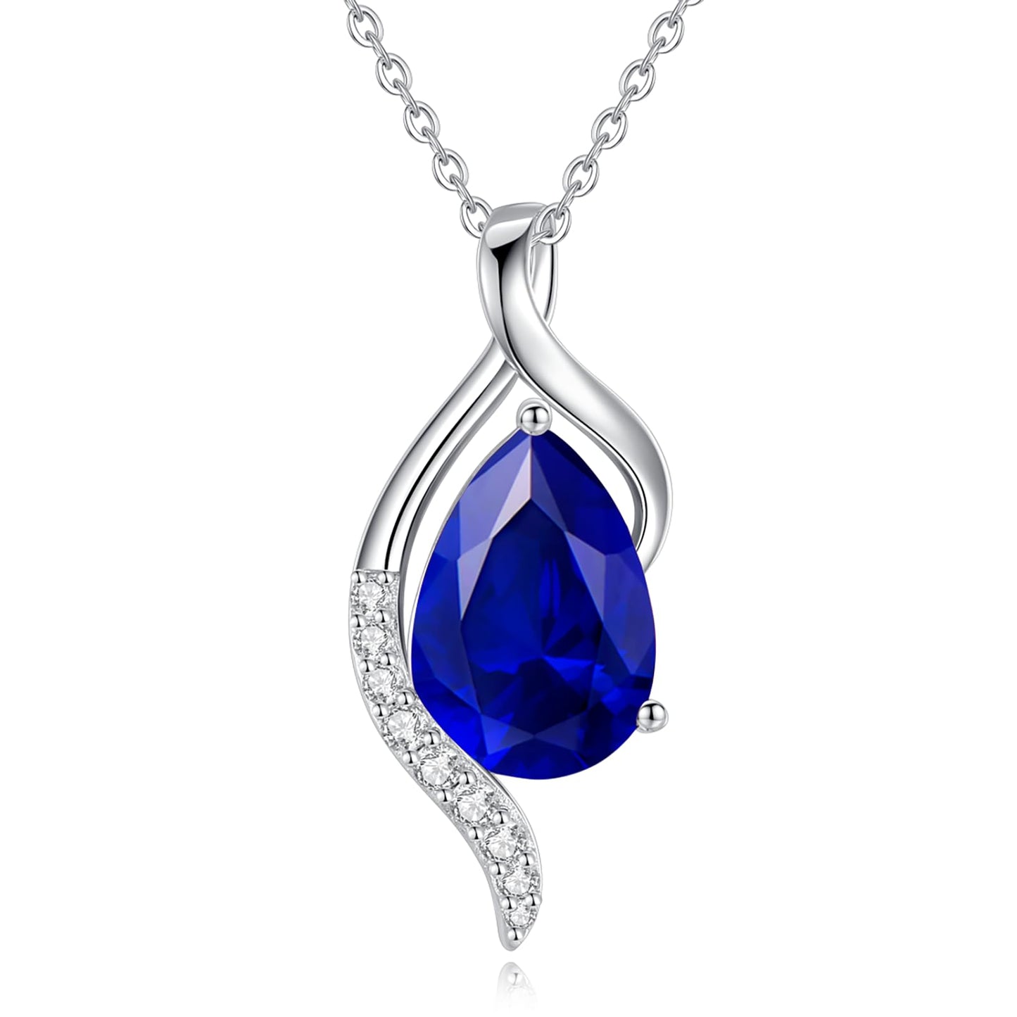 FANCIME September Birthstone Necklace for Women Teardrop Sapphire Necklace S925 Sterling Silver Gentle Love Birthday Gifts for Mom Women, 16"+2" Inches