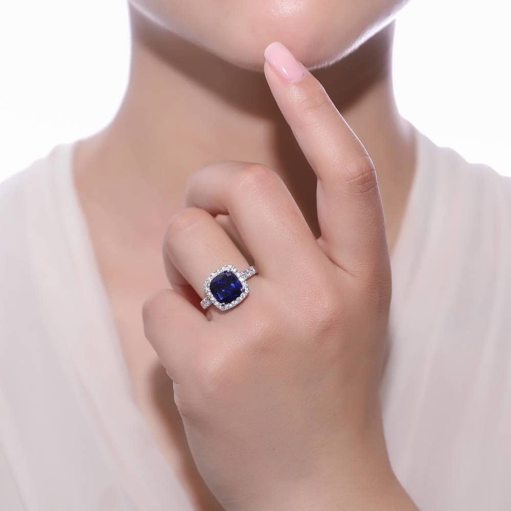 BERRICLE Sterling Silver Halo Simulated Blue Sapphire Cushion Cut Cubic Zirconia CZ Statement Cocktail Fashion Ring for Women, Rhodium Plated