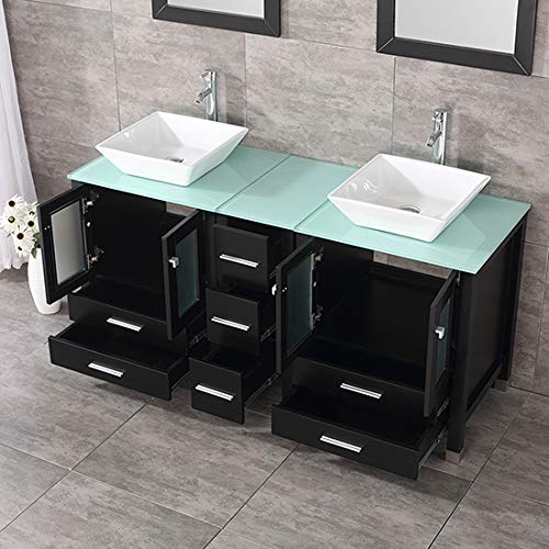 wonline 60" Black Double Wood Bathroom Vanity Cabinet and Square Ceramic Sink w/Mirror Combo Wash Basin with Faucet