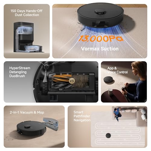 DREAME D20 Plus Robot Vacuum and Mop, 13,000Pa Suction, Self-Emptying with 5L Dust Bag, DuoBrush for Pet Hair, LDS Mapping, App & Voice Control, Ideal for Hard Floors & Carpets (Black)