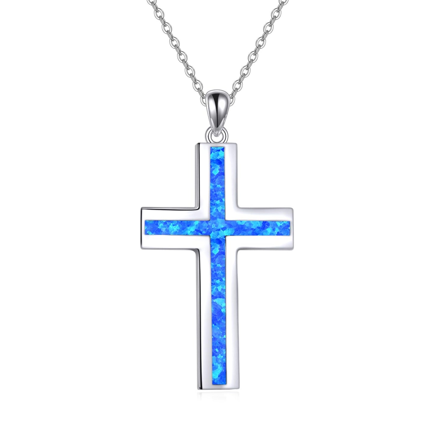 YFN Blue Opal Cross Necklace Sterling Silver Cross Pendant Religious Jewelry Gifts for Women Men