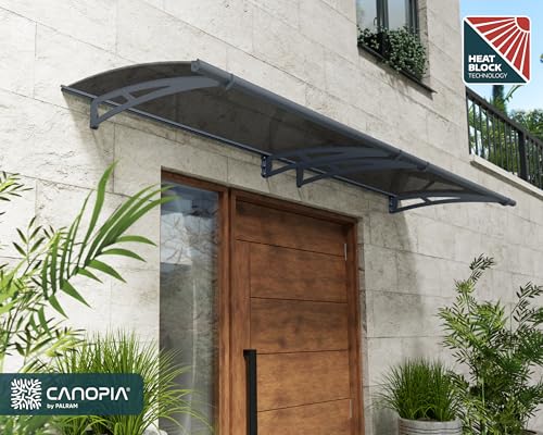 Palram-Canopia Aquila 3000 10x3 Door Awning for Door Entrance, High-End Polycarbonate Window Awning with Solar Gray Panels, UV Protection, Modern Metal Frame, Weather Resistant Overhang, DIY Exterior
