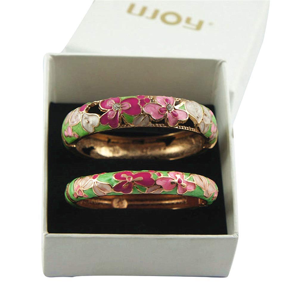 UJOY Bracelet Cloisonne Jewelry Colorful Fashion Opening Hinged Bangles Crafted Leaf Enamel Gifts for Women 88A22-55A100 Grass Green