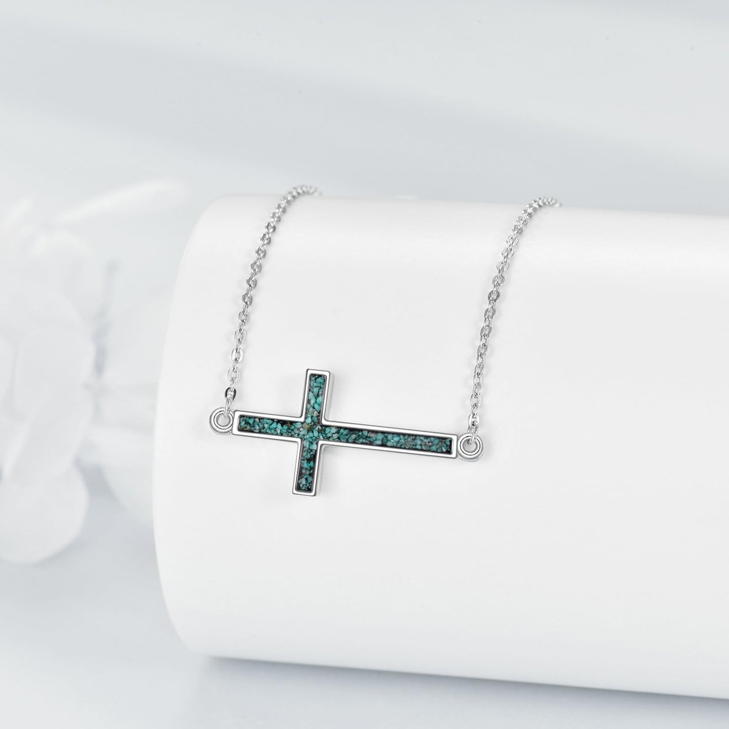 YFN Sideways Cross Necklace Sterling Silver Turquoise Cross Pendant Jewelry Gifts for Women Men