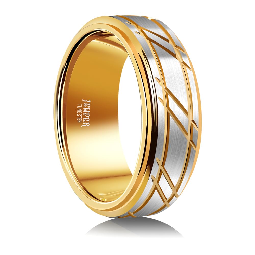 JEWPER 8mm Men Womens Wedding Band Tungsten Rings Gold Fashion Promise Carbide Silver brushed groove design on the outer ring Matte Finish Edge Comfort Fit size(7)