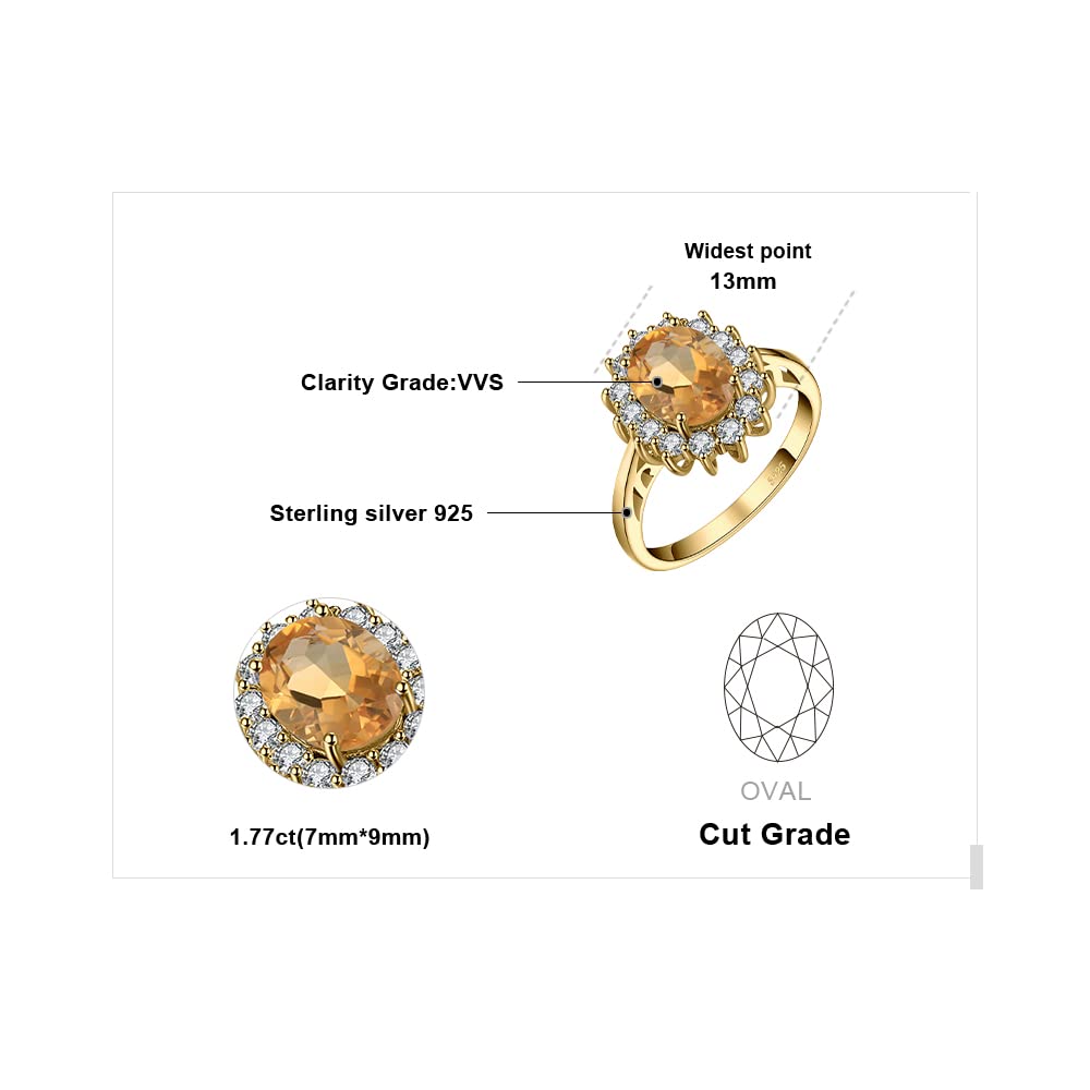 JewelryPalace Princess Diana Kate Middleton Gemstone Birthstone Yellow Amethyst Halo Statement Engagement Rings for Women, 14K Yellow Gold Plated 925 Sterling Silver Promise Rings for Her Size 10.5
