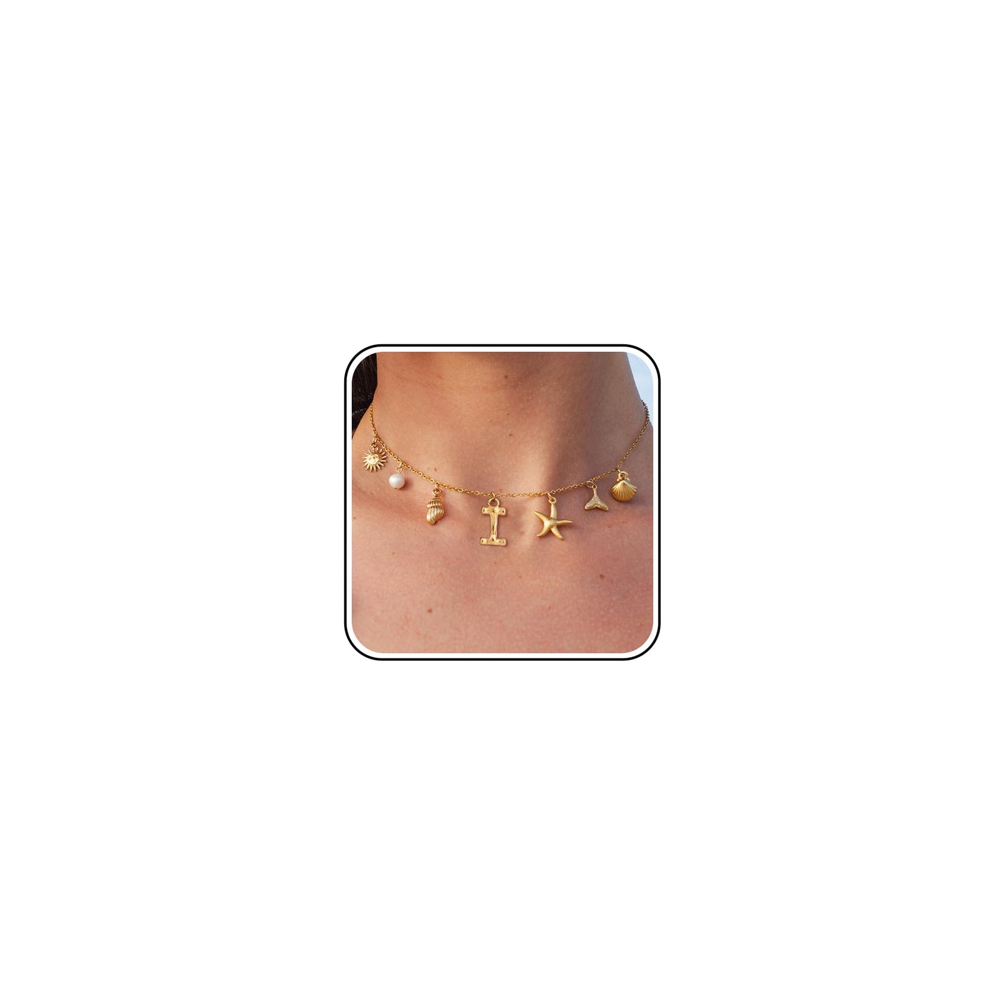 SLOONG Initial Charm Necklace 14K Gold Plated Letter Neckalce Freshwater Pearl Necklace Choker Boho Summer Seashell Beach Starfish Surfer Jewelry Gifts for Women I