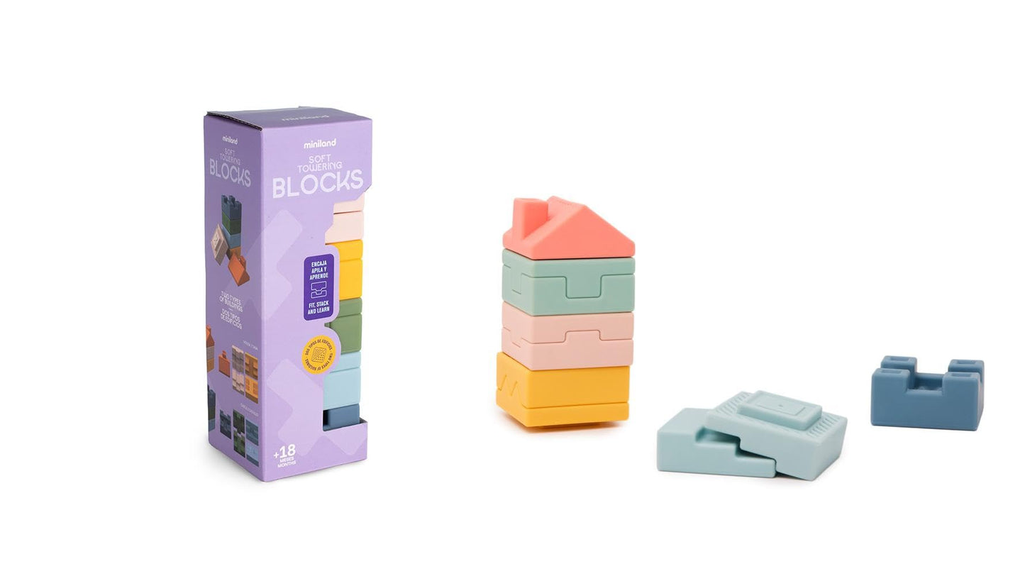 Miniland Baby Toys, Silicone Sensory Toys, Blocks for Babies with Cute Textures and Reliefs, Montessori Toys for 1 Year Old, Building Blocks +6 Months | Soft Towering Blocks