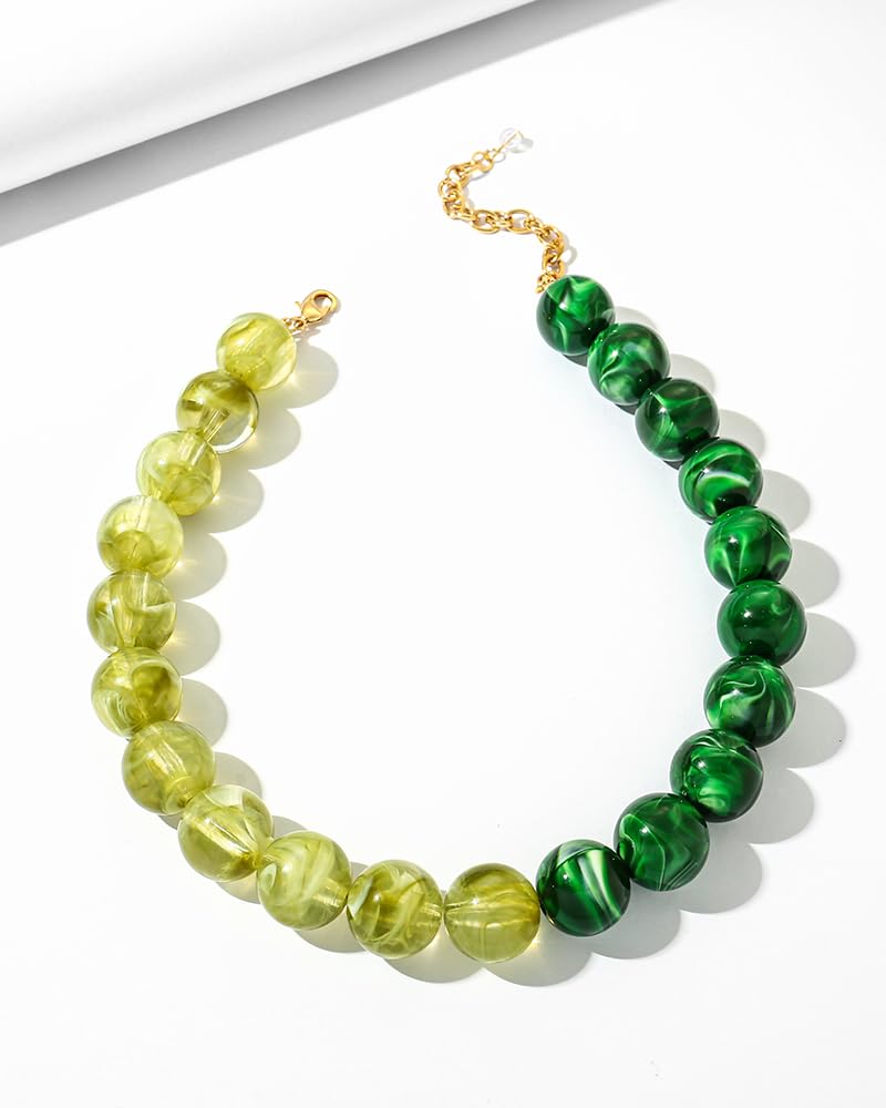 FAUTHENTICUTE Two-Tone Green Chunky Beaded Choker Necklace for Women Boho Western Statement Necklace Trendy Summer Beach Everyday Green Beaded Necklaces for Women