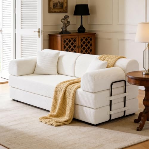 KEIKI Convertible Sleeper Sofa Bed Folding Lounge Design with Cylindrical Pillow, Corduroy Upholstered Mattress Couch, Fixed Shape Frame for Living Room Bedroom Relaxing and Resting Use