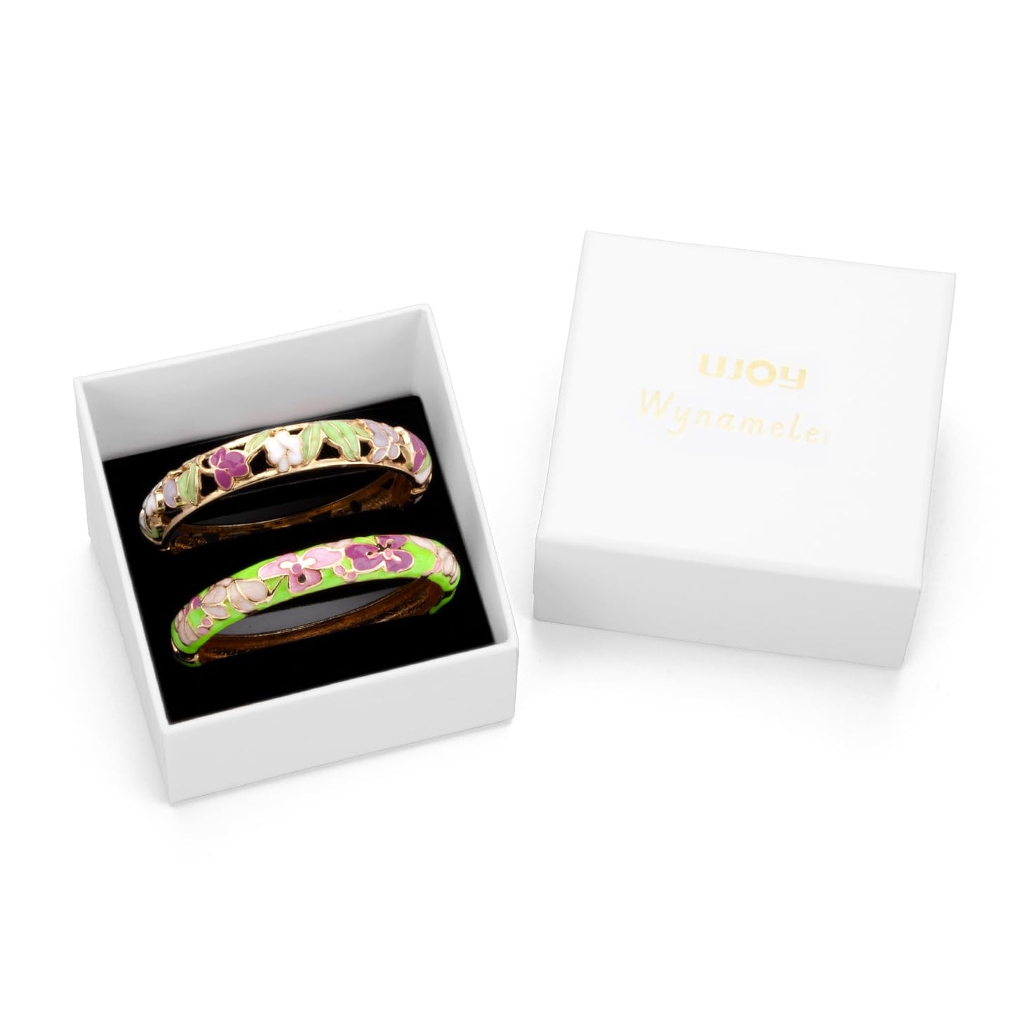 UJOY Cloisonne Bracelet Lotus Flower Plated Cuff Bangle Enameled Jewelry Bracelets Gift for Women Pack in Case 88B04-55A100 White Green