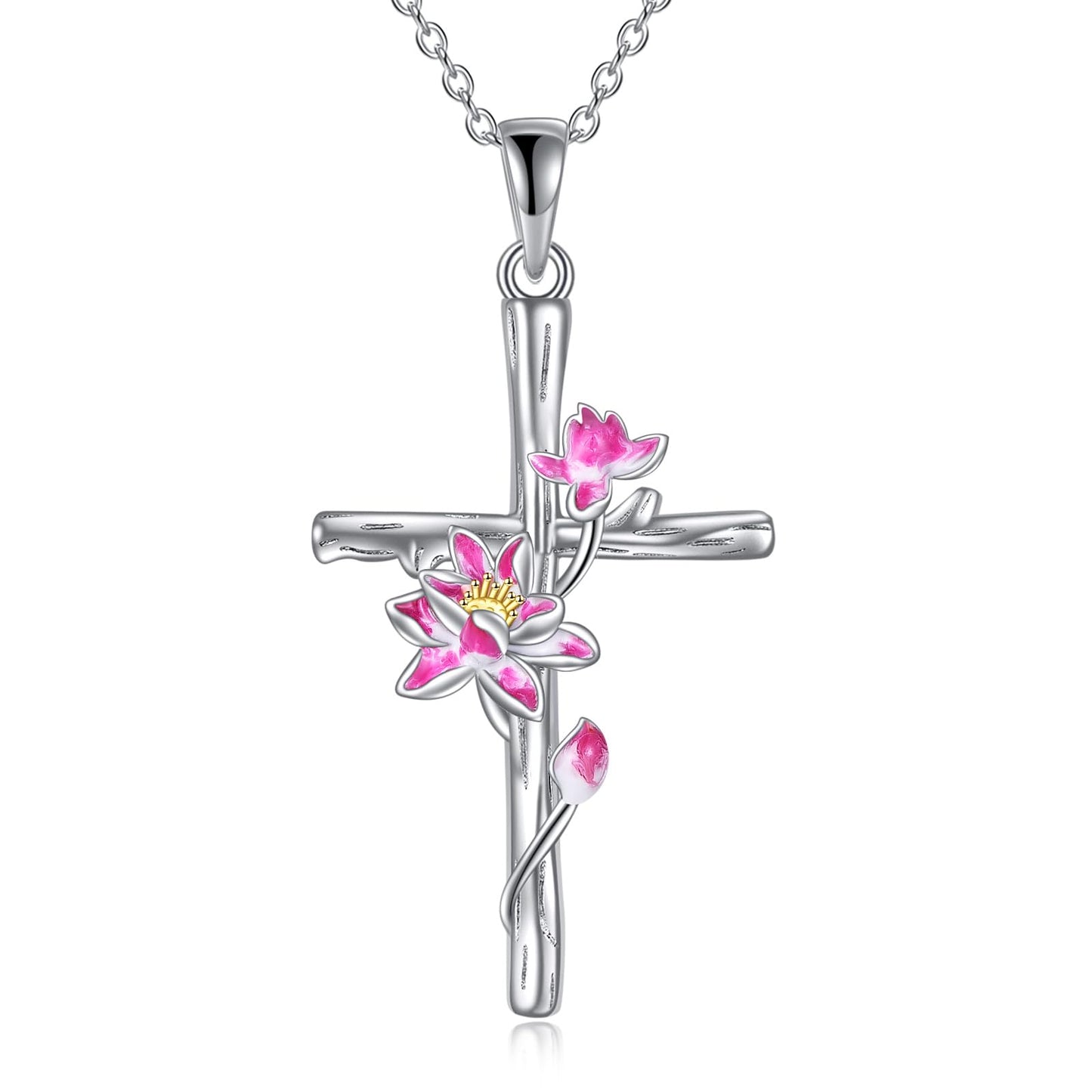Women Cross Necklace Sterling Silver Lotus Flower Cross Pendant Necklace Jewelry Gifts July Birth Flower Necklace
