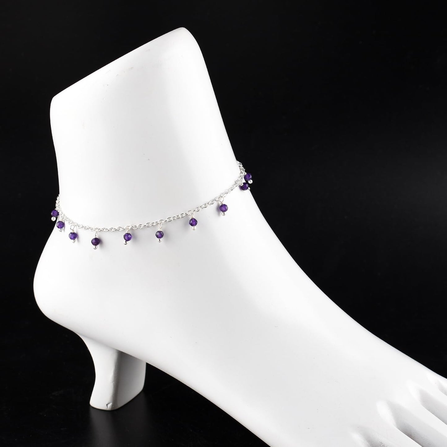 Yanara Amethyst Ankle Bracelets for Women, Natural Purple February Birthstone Silver Plated Jewelry 8.5”+1.5” inch Adjustable Chain, Chakra Crystals and Gemstones, Dainty Minimalist Birthday Gifts for Women