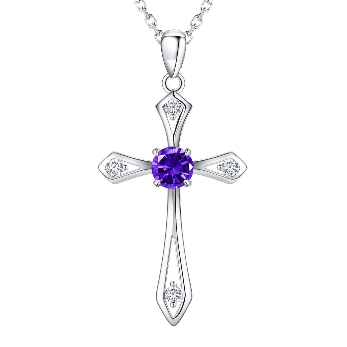 QUALISE Cross Necklace for Women,925 Sterling Silver February Birthstone Necklace Cross Pendant 5A CZ 12 Birth Months Birthstone Amethyst Jewelry Birthday Gifts for Her Wife Mom