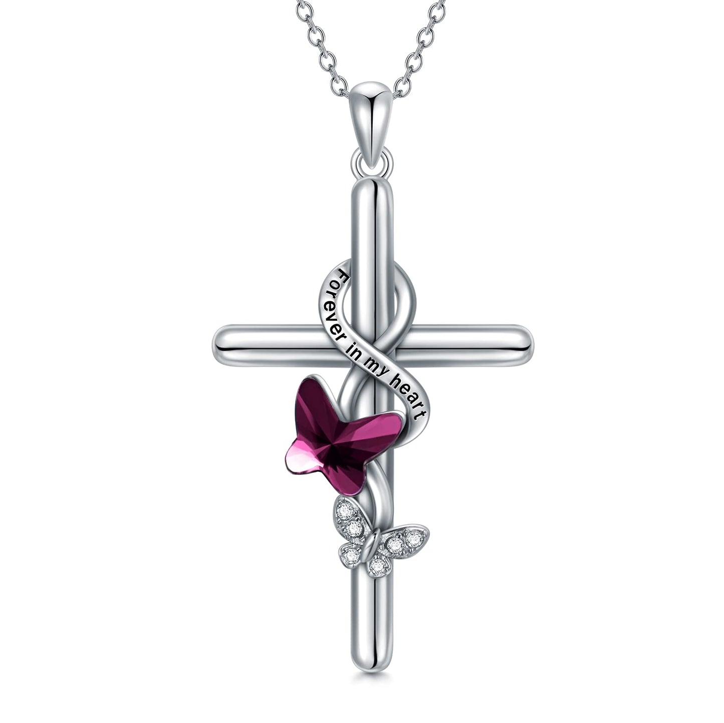 Flpruy Butterfly Cross Necklace 925 Sterling Silver for Women Forever in My Heart Crystal Butterfly Cross Necklace
