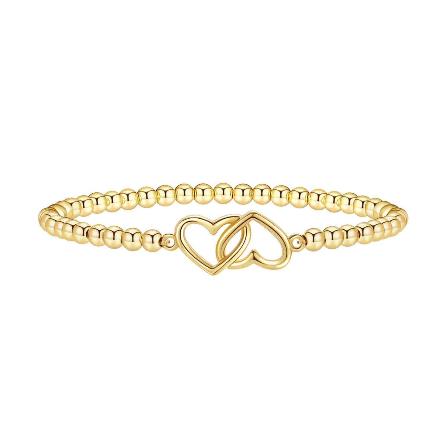 Beaded Bracelets for Women 14K Silver Gold Plated Stretch Handmade Ball Bracelets Cute Charm Bracelet Dainty Stackable Cross Heart Bow Wave CZ Circle Trendy Jewelry Easter Gifts (double-heart)
