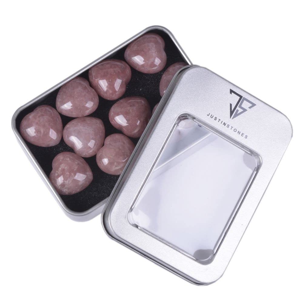 Natural Strawberry Quartz Gemstone Healing Crystal 0.8" Mini Puffy Heart Pocket Stone Iron Gift Box (Pack of 10)