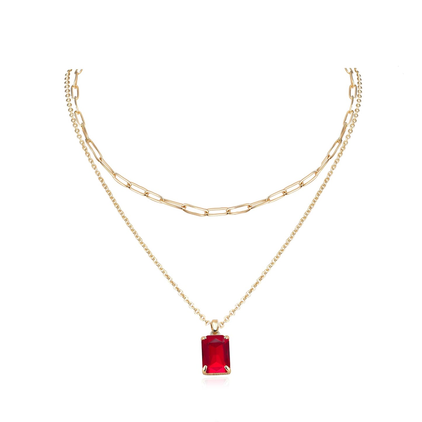 VANGETIMI Red and Gold Layered Pendant Necklaces for Women 14k Gold Plated Crystal Choker Necklace Paperclip Rhinestone Necklace Party Prom Jewelry