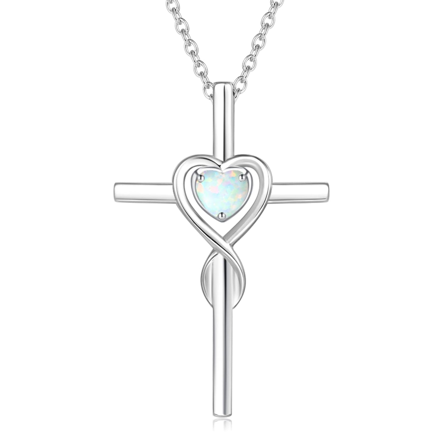FANCIME Opal Cross Necklace For Women Sterling Silver Birthstone Created Opal Necklace Infinity Heart Cross Pendant October Birthstone Jewelry Gifts for Women
