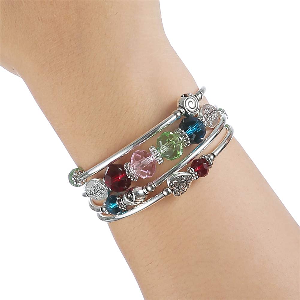 PEARL&CLUB Bead Crystal Wrap Bangle Bracelet - Fashion Jewelry Beaded Bracelet with Silver Metal, Gifts for Women(23-Colorful)
