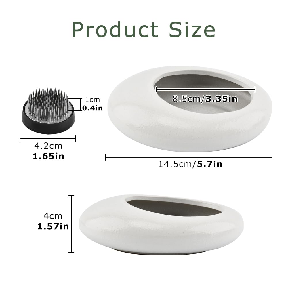 Flower Frog Vase Kit, Japanese Ikebana Flower Arrangement with 1.57 Inch Kenzan Ceramic White Pebble Shaped Bowl, 2-in-1 Flowers Arrangement Kenzan Needle Straightening Tool(Color:White)