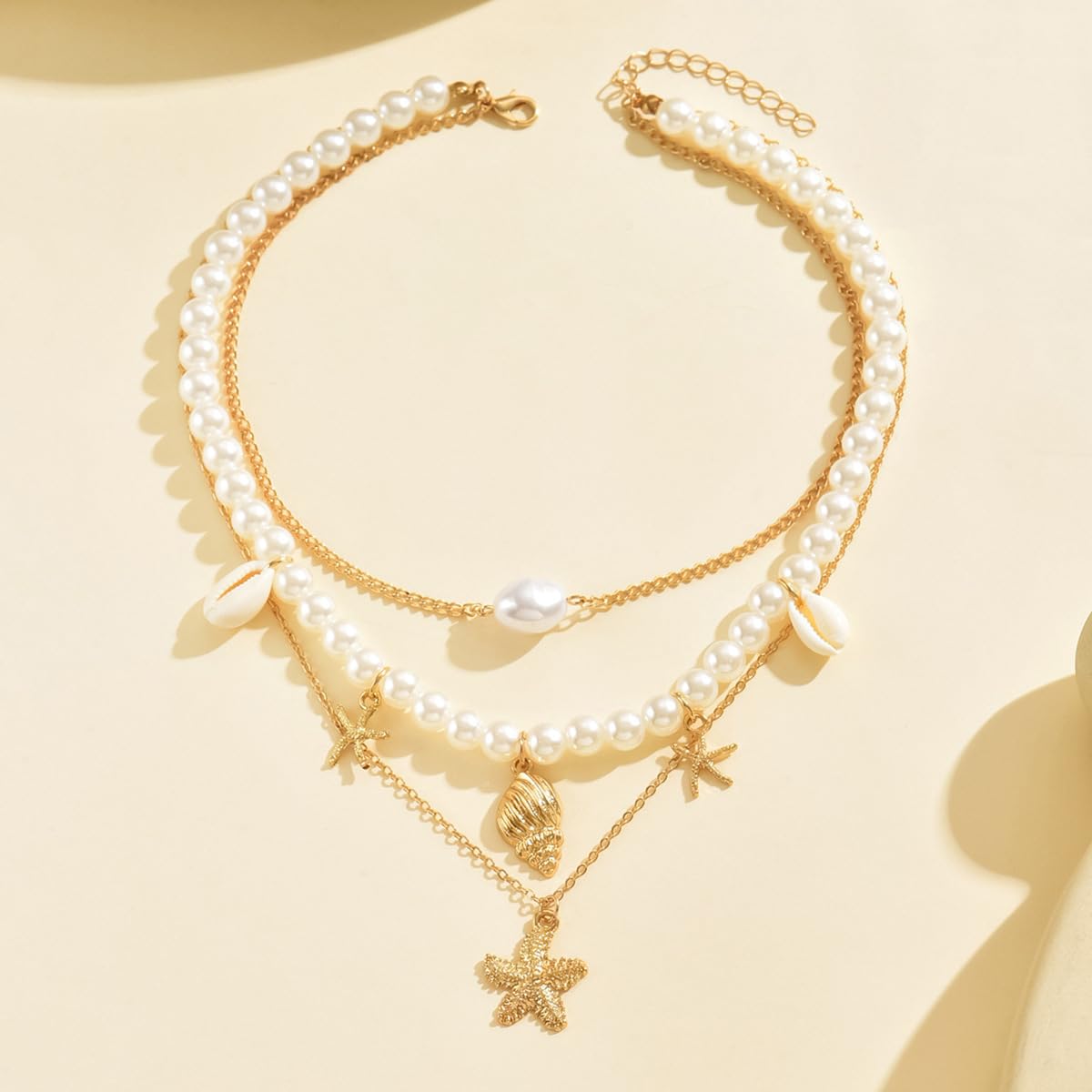 Starfish Necklace Gold Beach Jewelry for Women Pearl Seashell Necklace Cowrie Shell Beach Necklaces Ocean Summer Starfish Jewelry (1-3 layer)