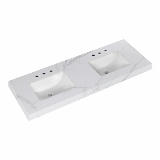 Furinno VATO Double Bathroom Vanity Top, 61W x 22D x 2.5H Porcelain Double Vanity Sink Top, with Pre-Drilled Holes for Faucets, Carrara White