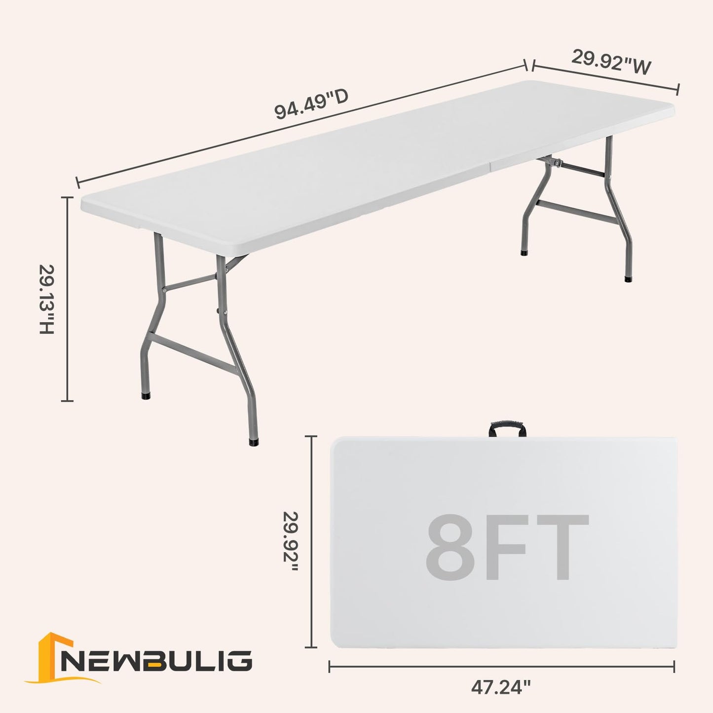 HAPPYMONT 8 Feet Folding Picnic Table, Plastic Table with Carrying Handle, Heavy Duty Portable Table for Camping Party, White