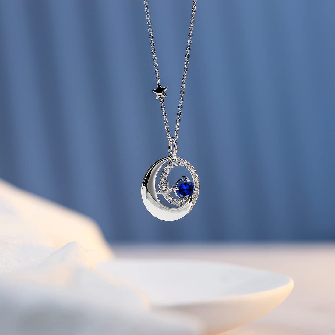 FANCIME Moon Star Necklaces September Birthstone Blue Sapphire Pendant Jewelry 925 Sterling Silver Birthday Anniversary Mothers Day Gifts for Women Mom Daughter, Adjustable Chain 16"+2"