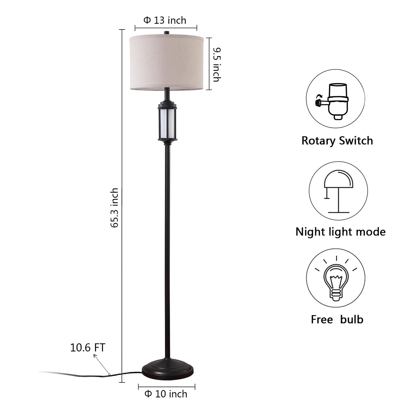 AIEAMPDO 65" Modern Floor Lamp for Living Room with 2 Light Sources, Industrial Black Tall Standing Lamps with Nightlight, Retro Floor Light for Bedroom Office Reading Room, Bulbs Included
